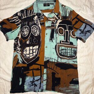 Basquiat x Cotton On Mens Abstract Print Art Button Up Shirt, Sz S, Short Sleeve